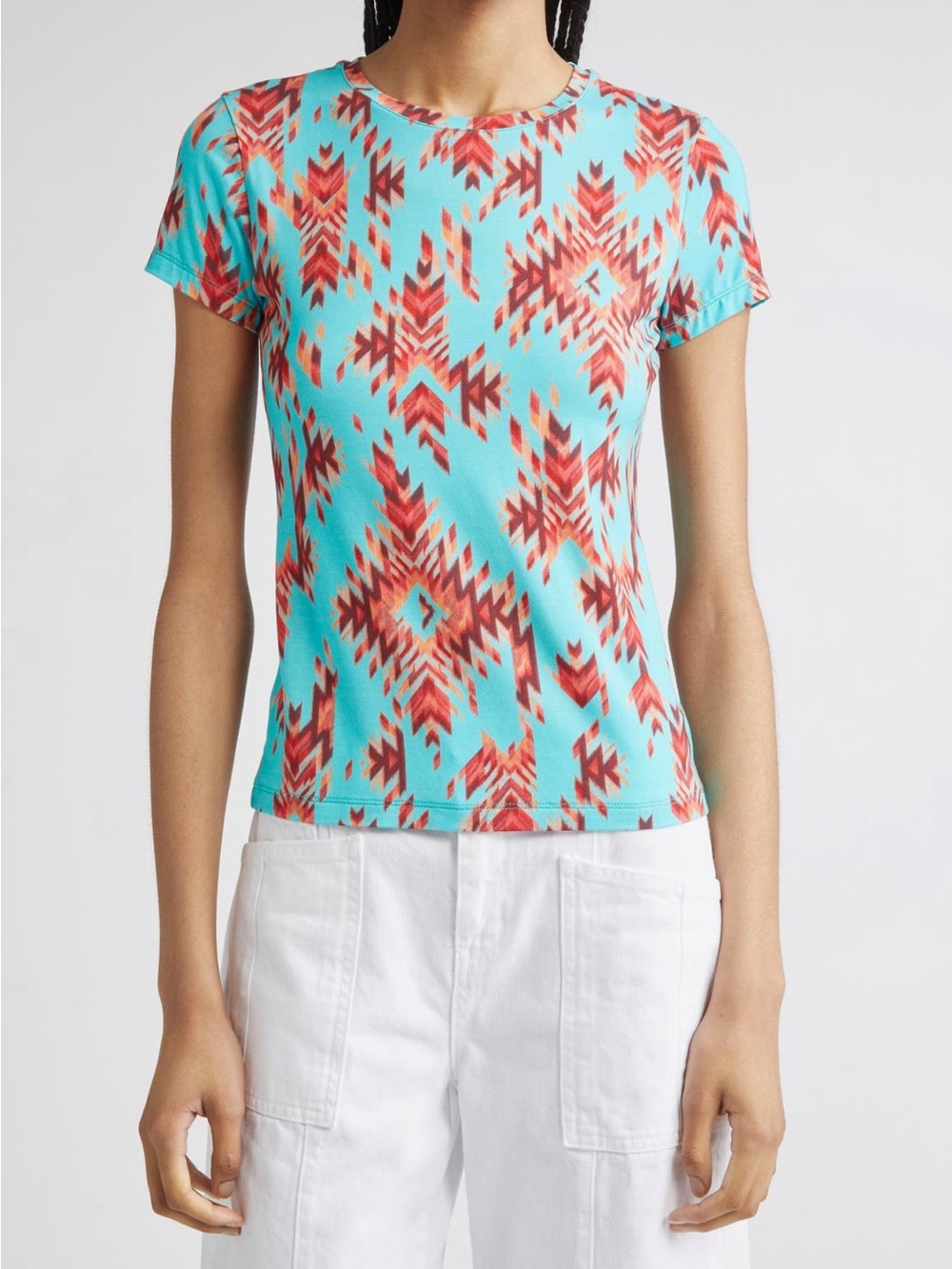 L'AGENCE Ressi S/S Crew PB Granados Turquoise Tee with Red-Orange Aztec Motif